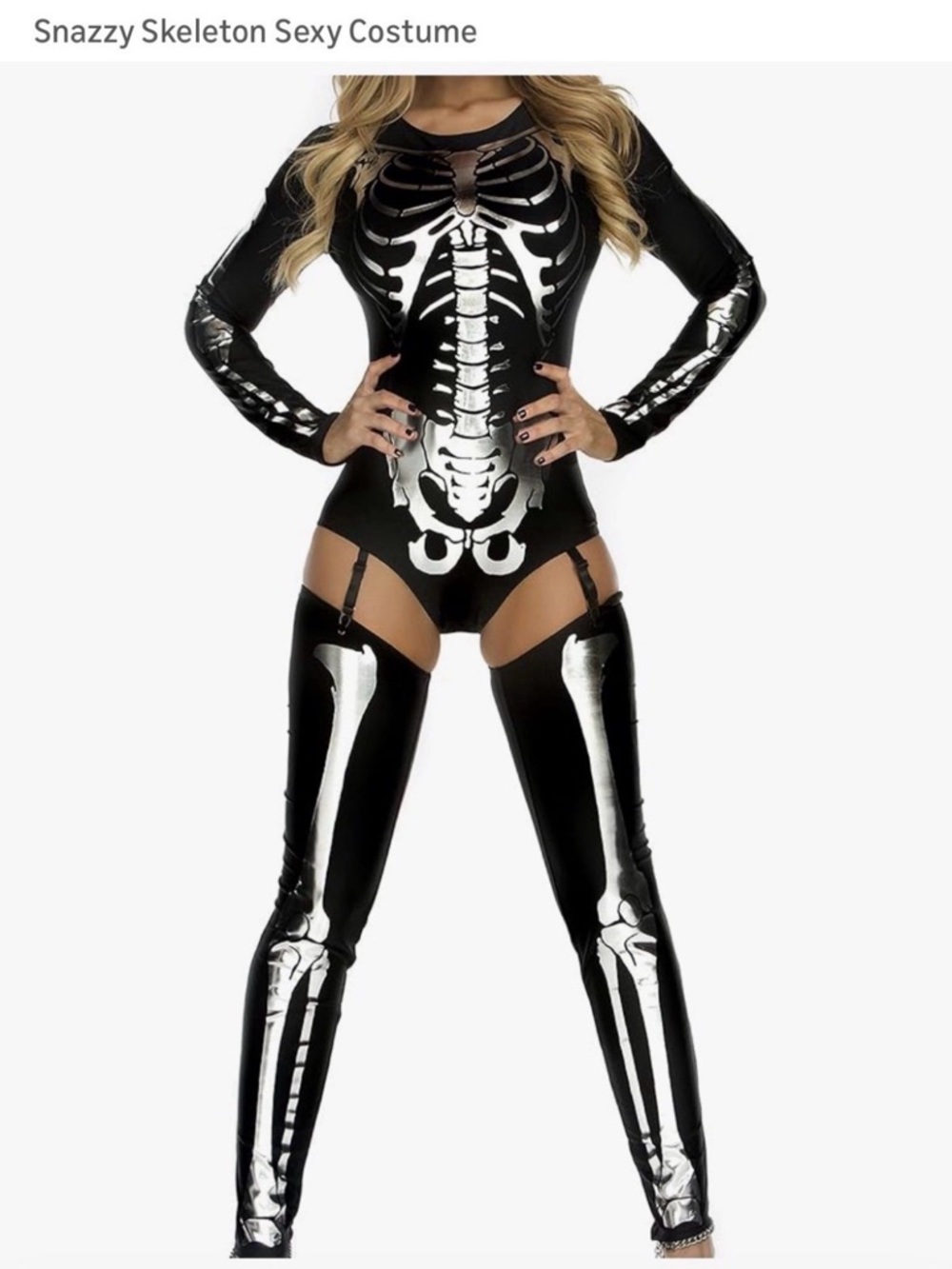 Women's Black Skeleton Bodysuit Costume with Silver Bone Print